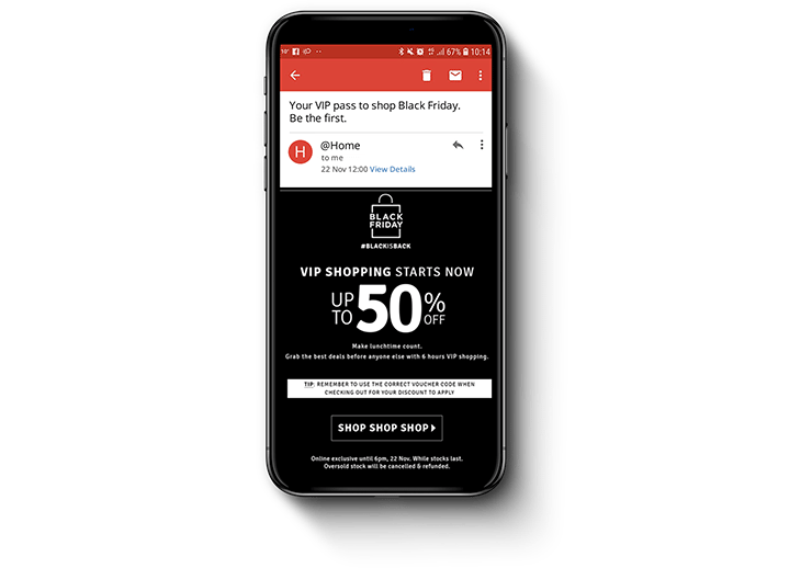 Black Friday Cyber Monday campaign tips using @Home's Black Friday mailer example
