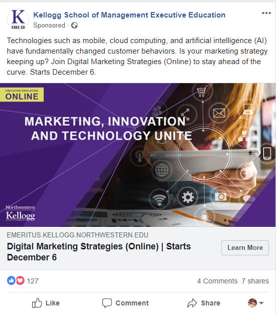 How to Get the Most Out of Landing Pages (Part 2) | Digital marketing | Landing page example | Kellogg School of Management Executive Education | Facebook ad