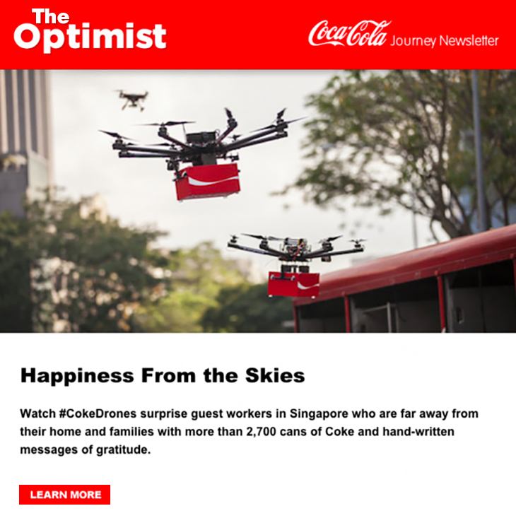 Boost Your Email Marketing with Social Proof. Here’s How. | Coca-Cola link to social media campaign from email | friends social proof | Everlytic | #CokeDrones | Singapore | The Optimist