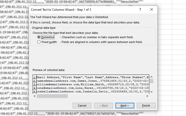 Everlytic-Blog-Mailchimp-to-Everlytic-Image-5-TextToColumns-1 How to Move Your Mailchimp Email Database to Everlytic | Email Marketing | Communication Software | Blog image | Microsoft Excel | Text to columns wizard