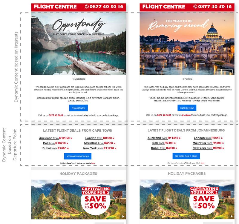 5 Email Marketing Tips for the Travel Industry | Everlytic Blog 5 Email Marketing Tips to Grow Your Travel Business Image 2 Everlytic Everlytic | Blog | 5 Email Marketing Tips for the Travel Industry | Example of Flight Centre Personalised Email Offers | Travel