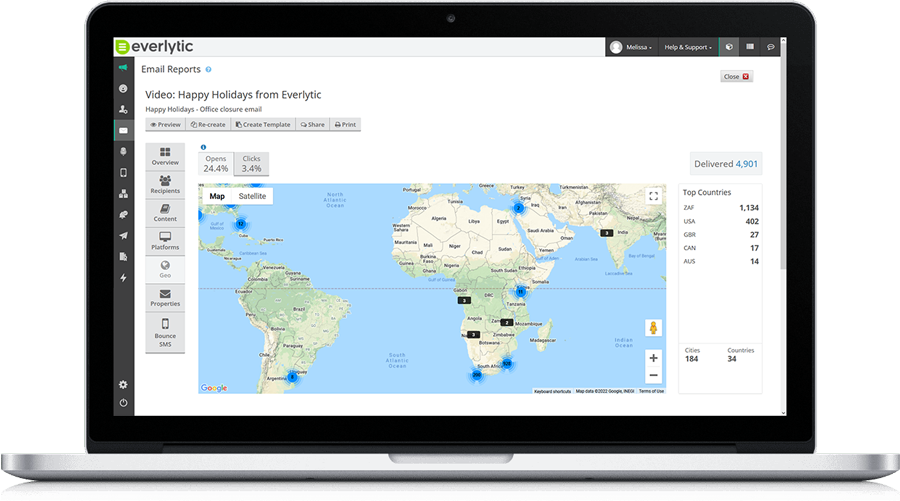 Laptop Reporting Geo Location Screen | Everlytic | Email Marketing