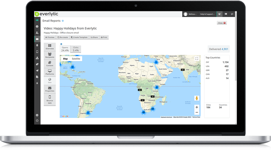 World Map View in Email Dashboard | Email Marketing Software from Everlytic