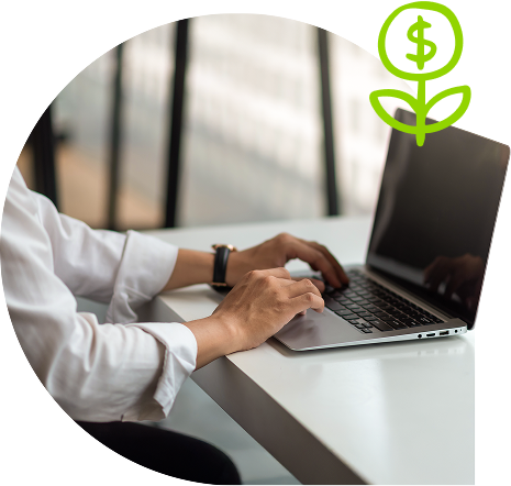 a person working on a computer and on top of the image is a flower icon with a dollar sign
