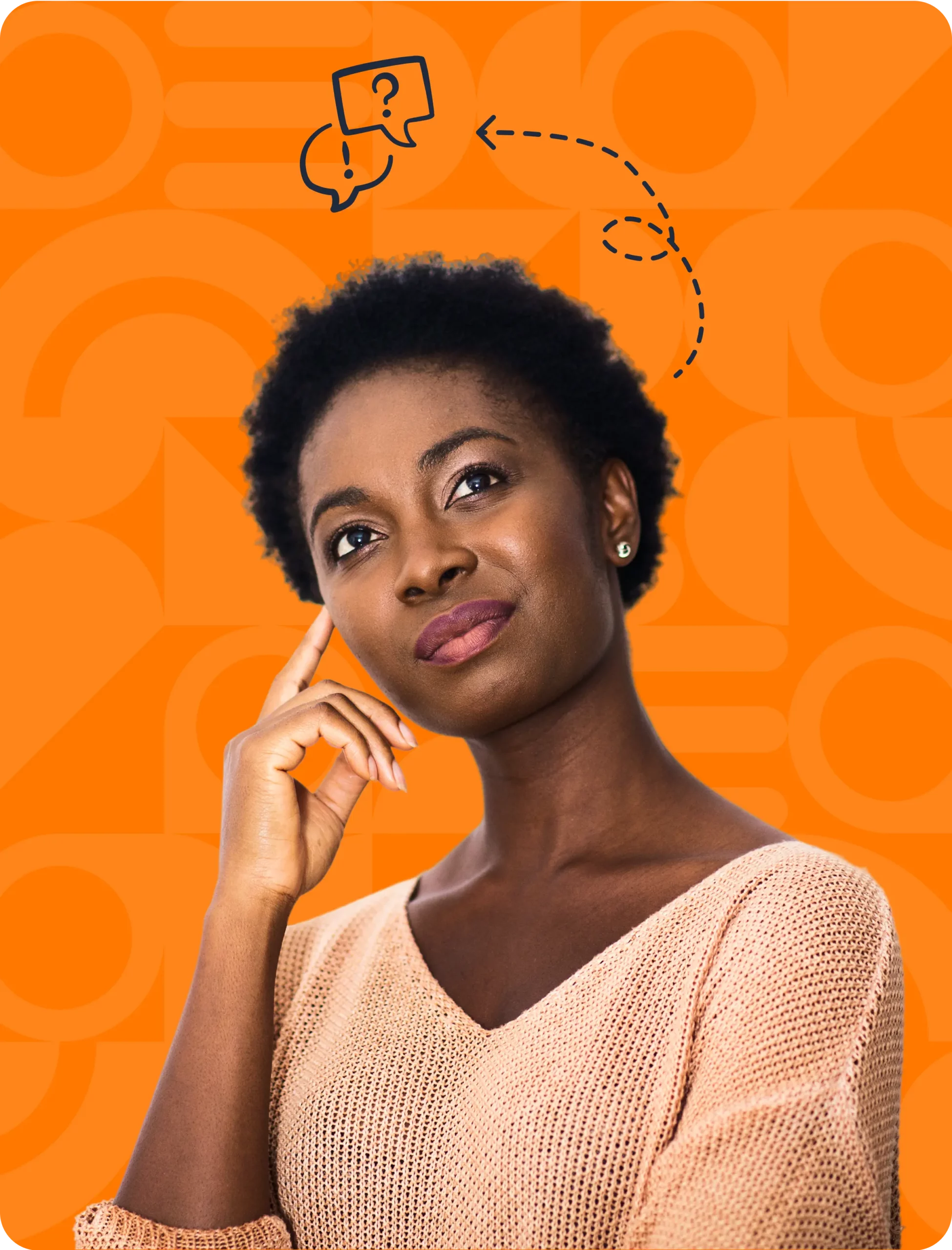 A young lady standing, with her hand on the side of her face thinking.