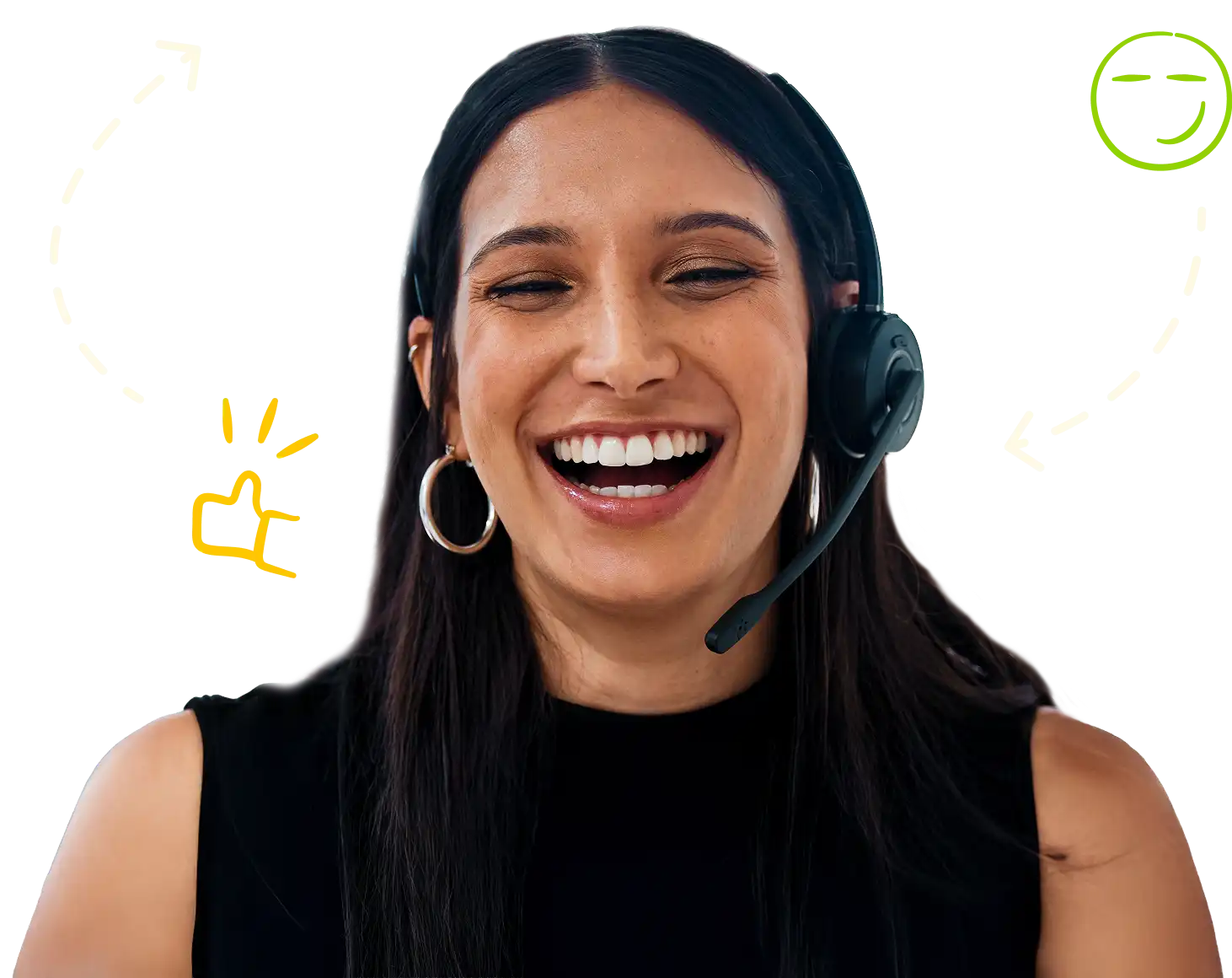 lady with a support headset for calls and smiling with icon graphics floating around